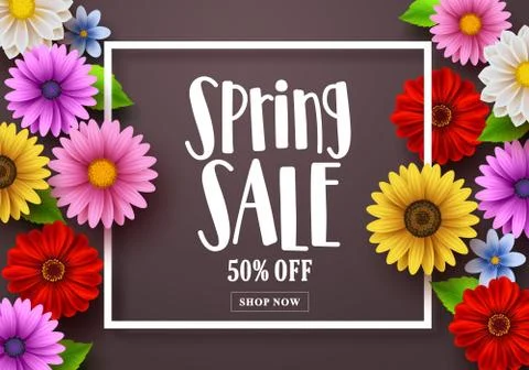 Spring sale text in a background vector template with colorful various flowers 库存插图