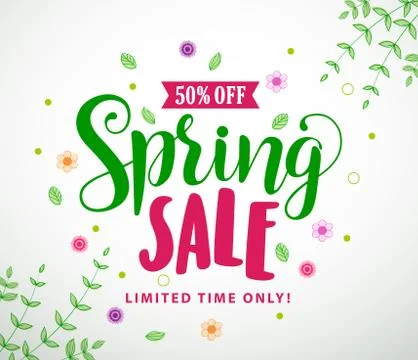 Spring sale vector banner design with colorful leaves and flowers Stock Illustration