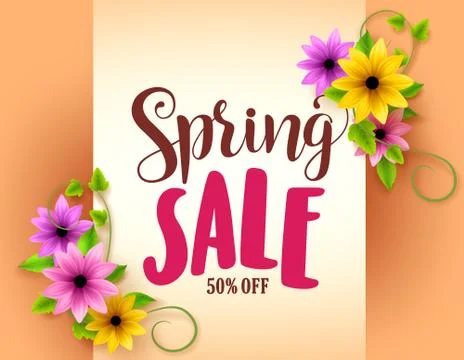 Spring sale vector banner design with realistic colorful flowers Stock Illustration