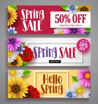 Spring sale vector banner set with colorful background templates, frames Illustrazione stock