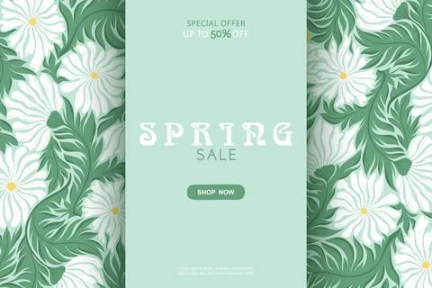 Spring sale vector banner template with abstract flowers and leaves pattern.. 스톡 일러스트