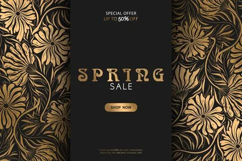 Spring sale vector banner template with abstract gold flowers and leaves pa.. Stock Illustration