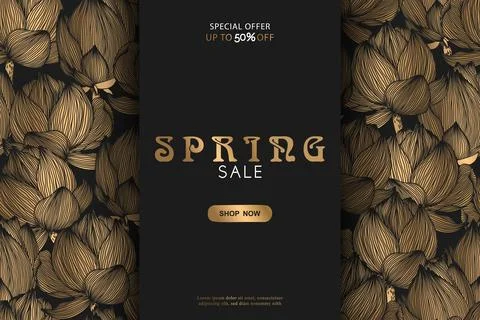 Spring sale vector banner template with gold hand drawn abstract lotus flow.. Stock Illustration