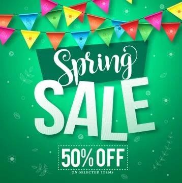 Spring sale vector design with hanging colorful streamers of flowers and leaves Stock Illustration