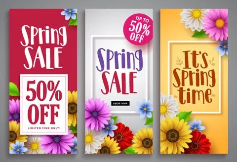 Spring sale vector poster set with colorful background templates, frames Illustrazione stock