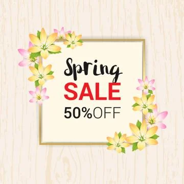 Spring sales banner background or poster with blossom flower frame Stock Illustration
