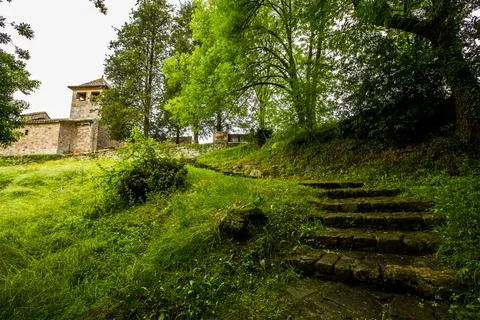 Spring in Sant Marti De Solamal church, La Garrotxa, Spain Stockfoto's