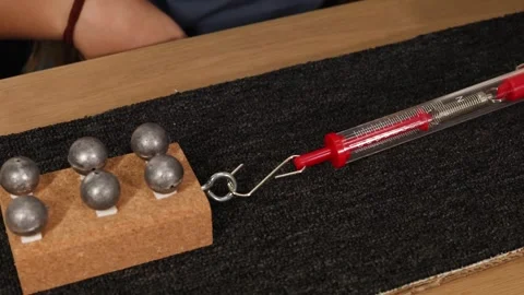 Spring scale measuring friction force on cork block with lead weights durin.. Stockbeeldmateriaal 332827598