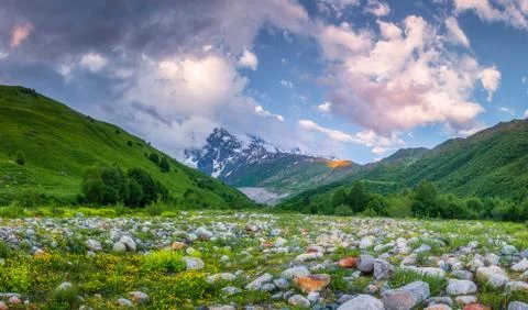 Spring scene in mountains at sunset Foto stock