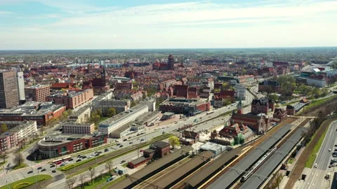 Spring scenery of the old town in Gdańsk around blooming trees. Poland Stock Footage 236544532