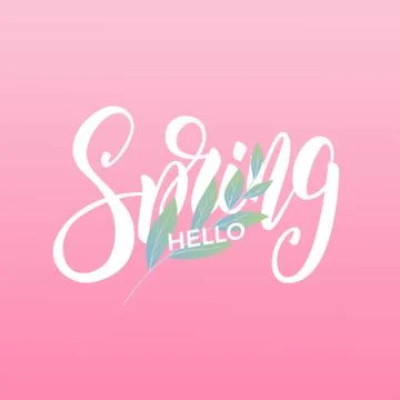 Spring. Script lettering Spring and fresh leaves. Card for seasonal promo, sale Illustrazione stock