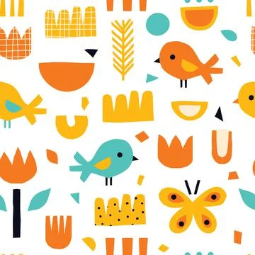 Spring seamless abstract pattern with birds Stock Illustration