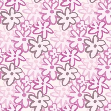 Spring seamless chamomile contours pattern. Pink, lilac and purple colors sil Stock Illustration