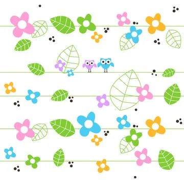 Spring Seamless colorful pattern with owls Stock Illustration