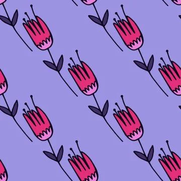 Spring seamless floral pattern with tulip silhouettes in pink tones on blue b Stock Illustration