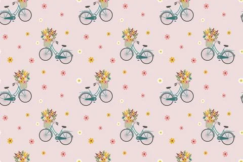 Spring seamless pattern with bicycle and wild flowers in basket. Vector ill.. Stock Illustration