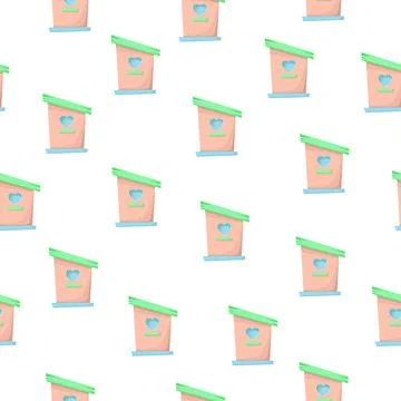 Spring seamless pattern with birdhouses. Cute pink houses for birds. Stock Illustration
