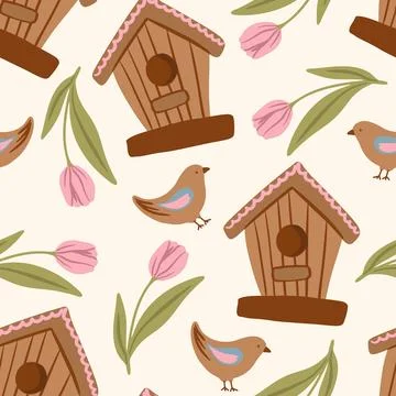 Spring seamless pattern with birds and tulips flowers, birdhouses Stock Illustration