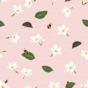 Spring seamless pattern with blooming flowers and ladybug on soft pink back.. Stock Illustration