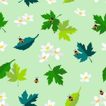 Spring seamless pattern with blooming white flowers and ladybug on pastel g.. Stock Illustration