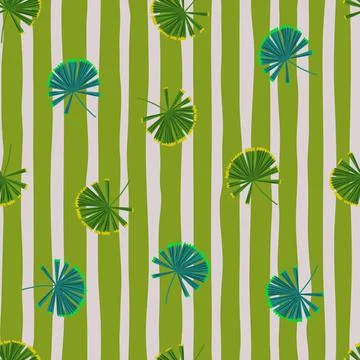 Spring seamless pattern with botanic green and blue palm licuala shapes. Gree Illustration