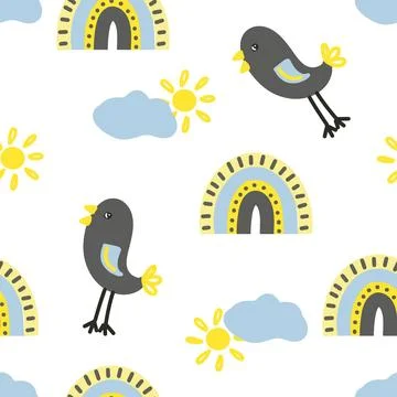 Spring seamless pattern in cartoon style. Colorful childish doodle with simple Illustrazione stock