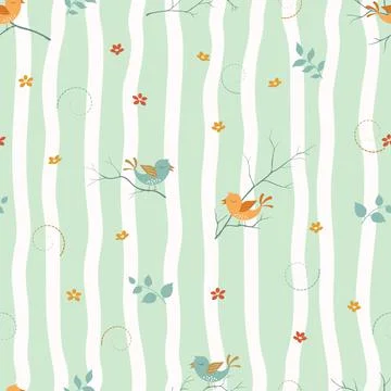 Spring seamless pattern with cute cartoon animals and flowers on soft green b Stock Illustration