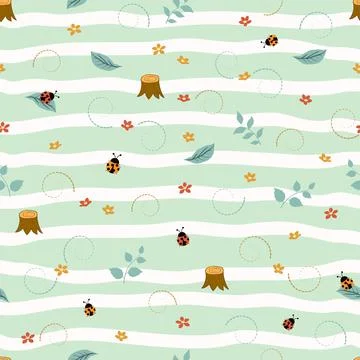 Spring seamless pattern with cute cartoon flowers and ladybugs on soft green  Stock Illustration