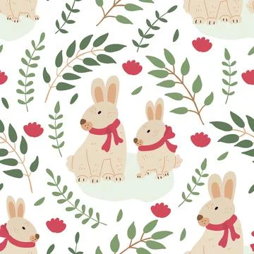 Spring seamless pattern with cute Easter rabbits and tree branches Stock Illustration