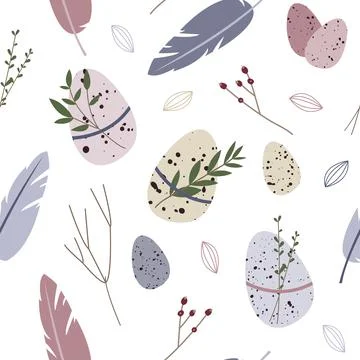 Spring seamless pattern. Cute easter egg, nest, feather, branch, leaves. Eco  Stock Illustration