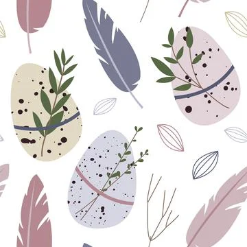 Spring seamless pattern. Cute easter egg, nest, feather, branch, leaves. Eco  イラスト素材