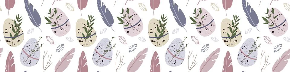 Spring seamless pattern. Cute easter egg, nest, feather, branch, leaves. Eco  Stock Illustration