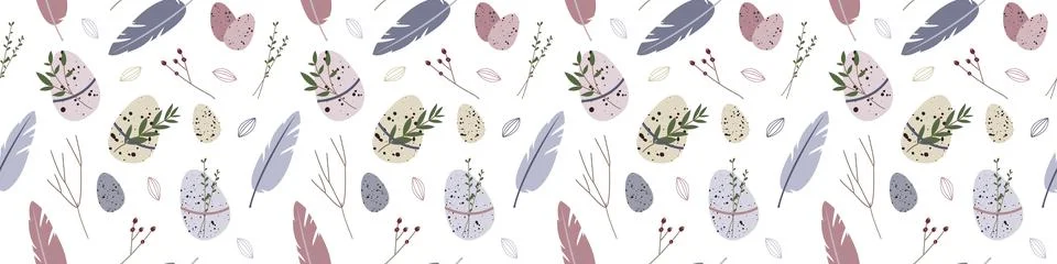 Spring seamless pattern. Cute easter egg, nest, feather, branch, leaves. Eco  스톡 일러스트