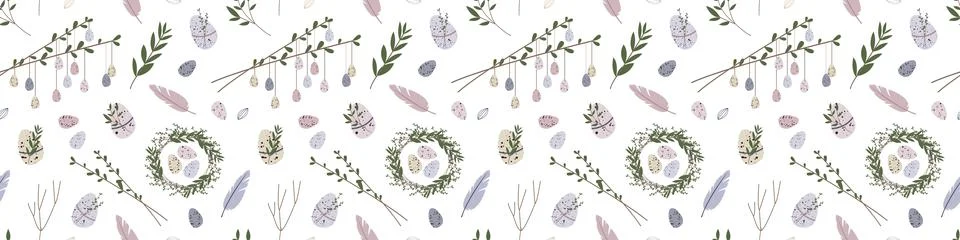 Spring seamless pattern. Cute easter egg, nest, feather, branch, leaves. Eco  Stock Illustration