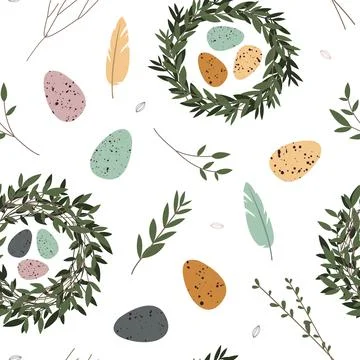 Spring seamless pattern. Cute easter egg, nest, feather, branch, leaves. Eco  스톡 일러스트