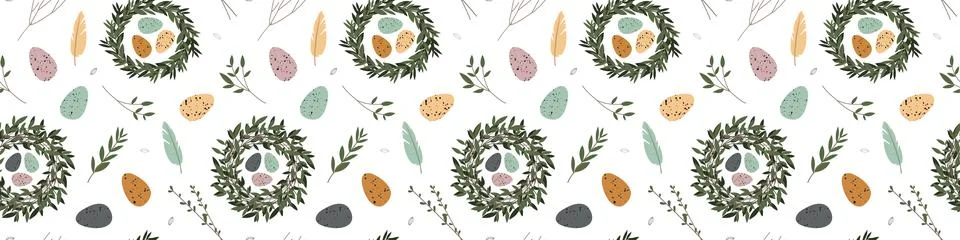 Spring seamless pattern. Cute easter egg, nest, feather, branch, leaves. Eco  Stock Illustration