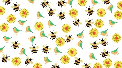 Spring Seamless Pattern with Cute Honey Bees Birds and Yellow Flowers Background Stock Footage 345539579