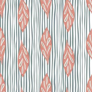 Spring seamless pattern with doodle pink foliage leaf ornament. Striped blue  Illustrazione stock