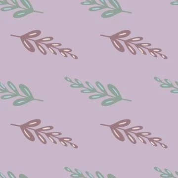 Spring seamless pattern with doodle simple leaf branches shapes. Lilac backgr イラスト素材