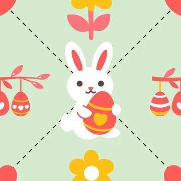 Spring seamless pattern Easter bunny, egg, heart, and willow branch. For poster Illustrazione stock