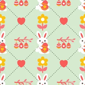 Spring Seamless pattern with easter bunny, flowers and hearts. Easter seamless  Illustrazione stock