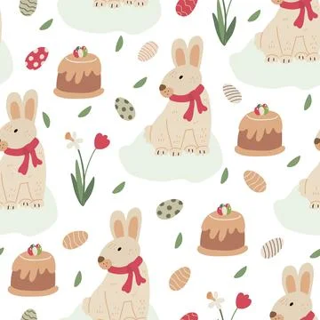 Spring seamless pattern with Easter rabbits, cakes and colorful eggs Stock Illustration