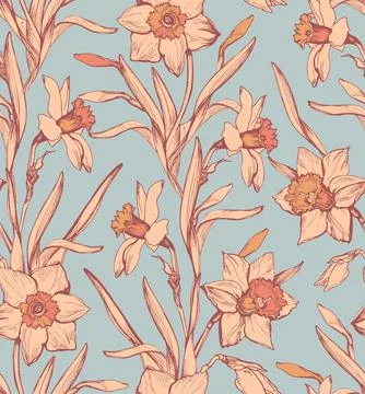 Spring seamless pattern with elegant pink daffodil in calm tones. Stock Illustration