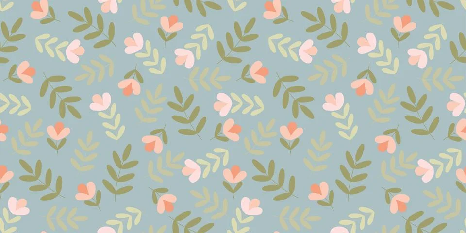 Spring Seamless Pattern with Flat style Flowers and Leaves. Retro Cartoon Vec Stock Illustration