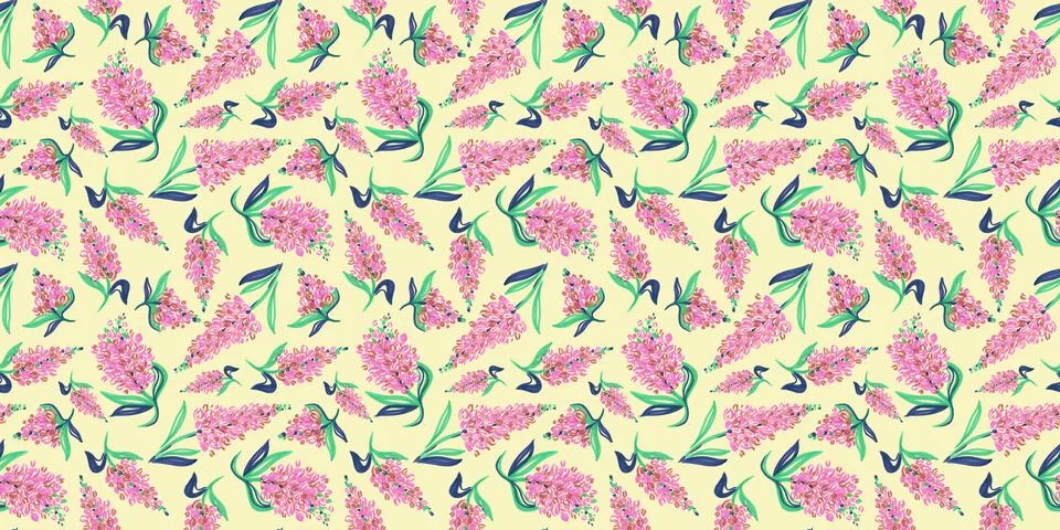 Spring Seamless Pattern of Floral elements in doodle style on yellow background Illustrazione stock