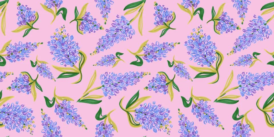 Spring Seamless Pattern of Floral elements in doodle style on pink background Stock Illustration