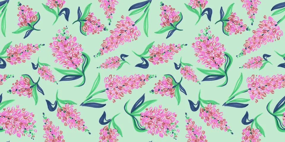 Spring Seamless Pattern of Floral elements in doodle style on green background Stock Illustration