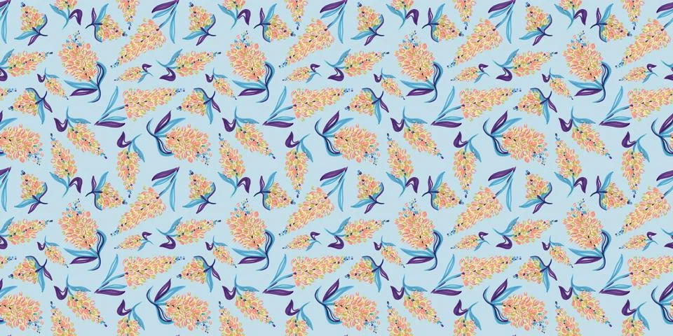 Spring Seamless Pattern of Floral elements in doodle style on blue background Stock Illustration