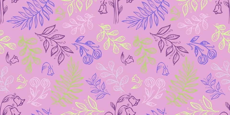 Spring Seamless Pattern. Floral elements in doodle style. Pink background Stock Illustration