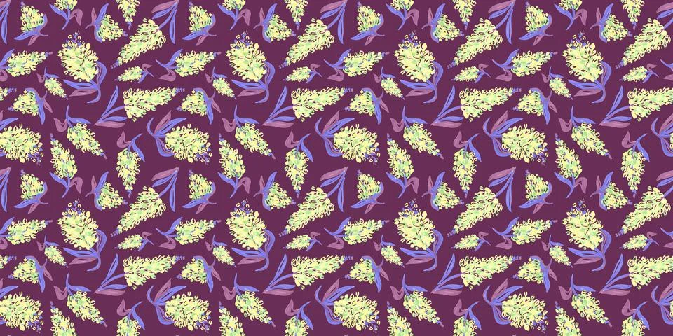 Spring Seamless Pattern of Floral elements in doodle style on purple background Stock Illustration